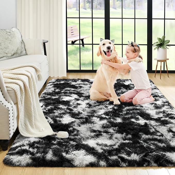3x5 Tie-Dyed Black and White Fluffy Area Rug Non-Slip - Image 8