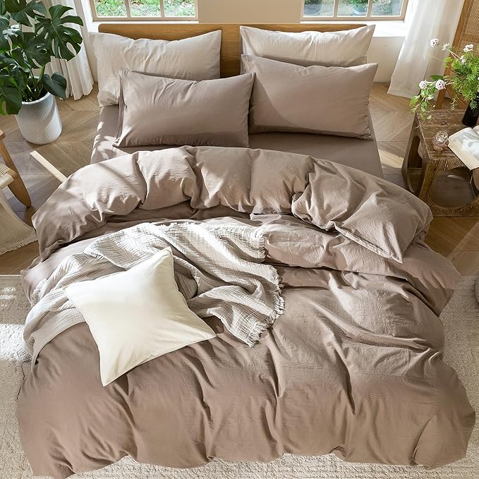 MooMee Bedding Duvet Cover Set 100% Washed Cotton Linen Like Textured Breathable Durable Soft Comfy (Solid Brown, Queen 90"x90")