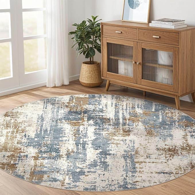 LOONGRUG Round Rug 7x7 Washable Large Neutral Modern Area Rugs Blue Tan | - Image 8