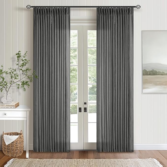 Charcoal Grey 84 Inch Pinch Pleated Linen Semi Sheer Curtains 2 Panel Set | by Twodrapes