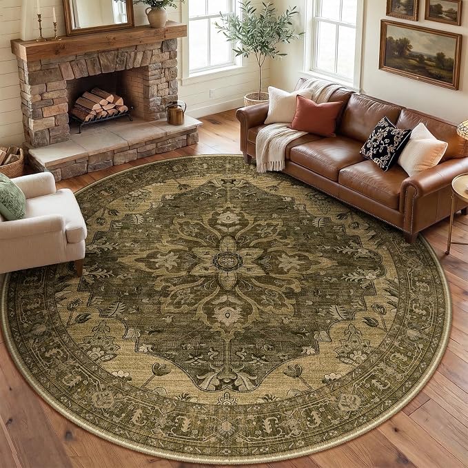 RELEANY Washable Area Rug, Round 8ft, Water Repellent, Pet Friendly, Vintage by RELEANY
