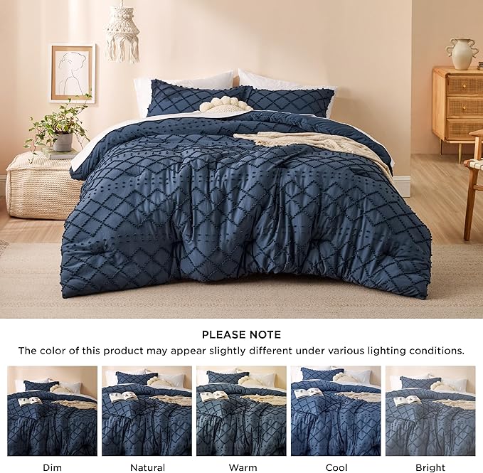 Bedsure Queen Comforter Set - Navy Blue Comforter, Boho Tufted Shabby Chic Bedding for Kids, 3 Pieces Vintage Farmhouse Bed Set for All Seasons, Fluffy Soft Bedding with 2 Pillow Shams