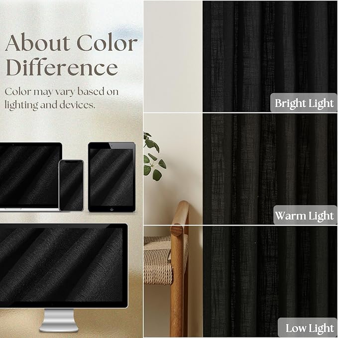 Black Pinch Pleated Linen Semi Sheer 96 Inch Curtains 2 Panels | Light Filtering - Image 4