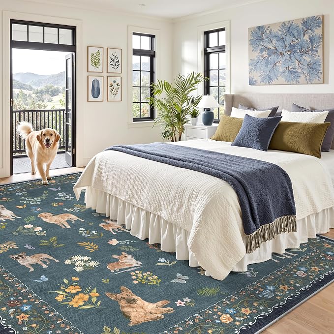 Soalmost Dog 9x12 Area Rugs for Living Room, Washable Soft Rug Navy Blue | - Image 3