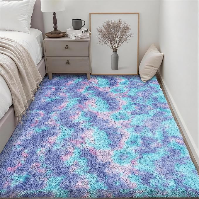 Area Rug Living Room Bedroom: 5x7 Fluffy Plush Shag Carpet Rainbow | - Image 3