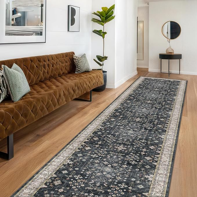 Black Boho Washable 3x12 Extra Long Runner Rug by HazoHaus