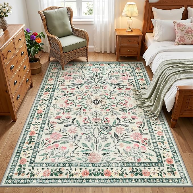 PLHXFR Area Rug Living Room: 3x5 Floral Washable Boho Carpet Green Beige | - Image 2
