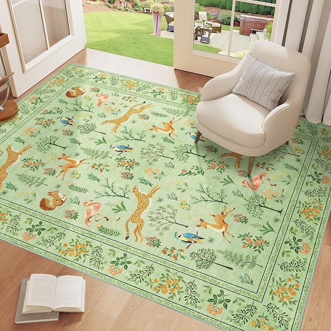 DUKINO 4x6 Area Rug, Non Slip Animal Washable Living Room Rug, Light Green | - Image 3