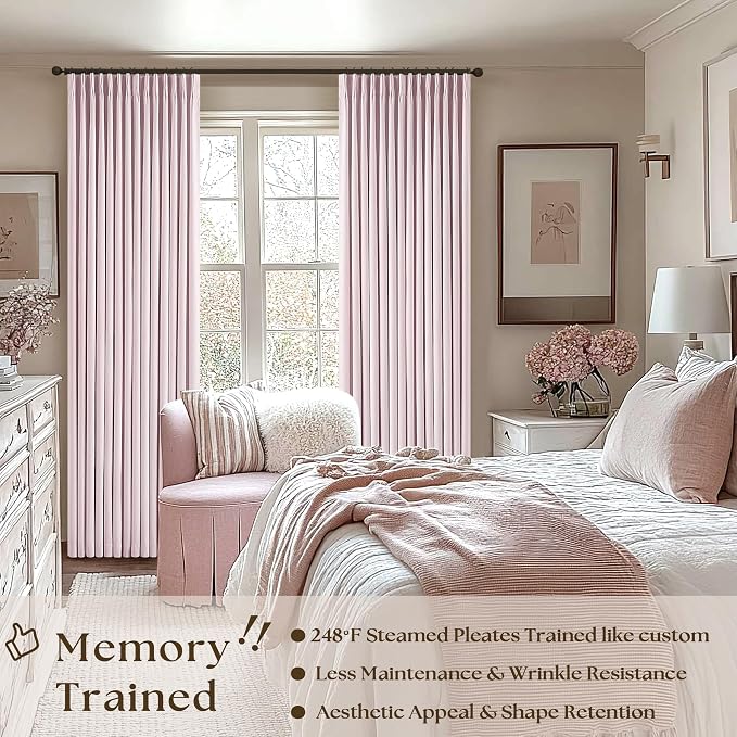 Light Pink Pinch Pleated Blackout Linen 80 Inch Window Curtains 2 Panels | 100% - Image 2