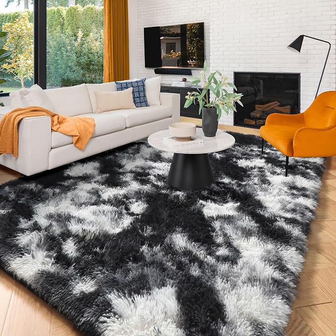 Amdrebio Black White Grey Large Fluffy Rug 6x9 - Image 4