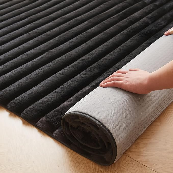 Black Rabbit Striped Plush Rug 4'x6', Fluffy Faux Fur Shaggy Area Rug - Image 5