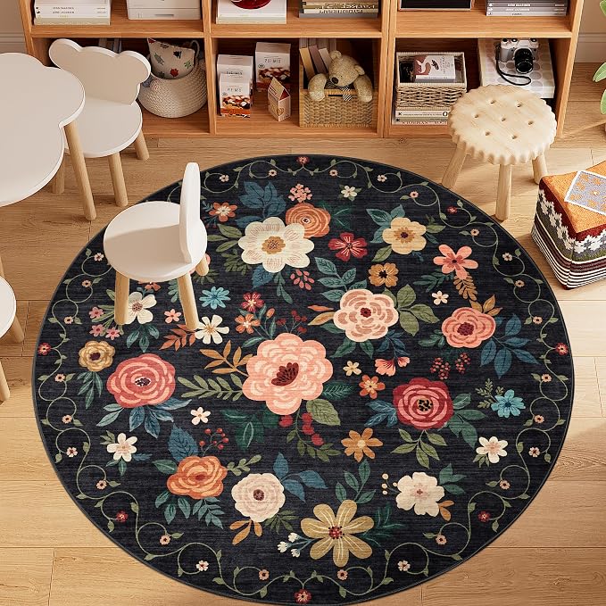 DUKINO 5ft Round Rug, Non Slip Floral Washable Small Circle Rug, Low Pile - Image 3
