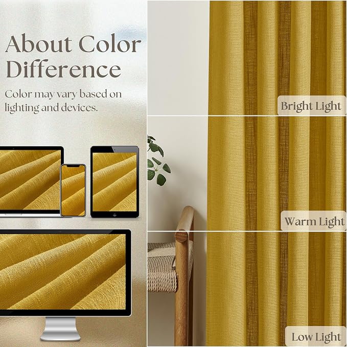 Mustard Yellow Pleated Semi Sheer Linen Curtains 108 Inches Long 2 Panel | - Image 4