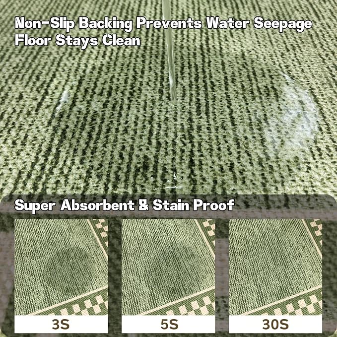 Faux Linen Washable Runner Rug Absorbent Surface 2x6 Moss Green | Non-Slip TPR - Image 3