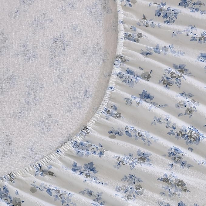 Laura Ashley - Flannel Sheets Full Size, Anti-Pilling & Wrinkle Resistant Cotton, Touchably Soft for All-Season Comfort - Bed Sheets with Matching Pillowcases & Fitted Sheet (Audrey Blue)