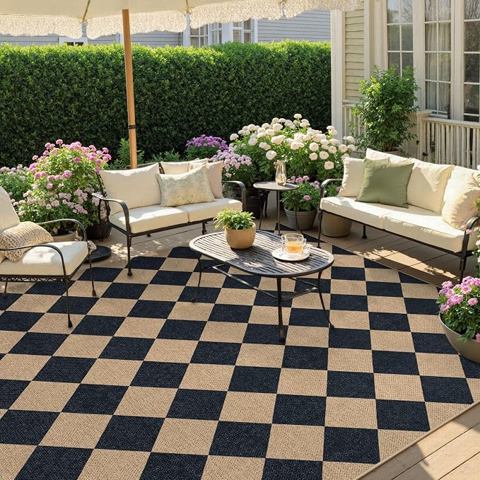 Lahome Checkered Easy Jute Outdoor Patio Rug, 6x9 Living Room Rugs Washable | - Image 3