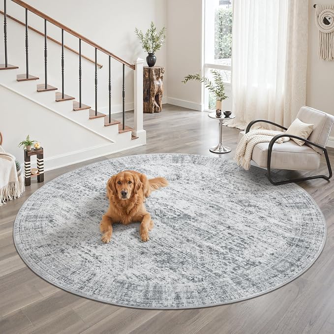 Soalmost Round Rugs 8ft Living Room Circle Area Rug 8x8 Grey Vintage | Washable - Image 8