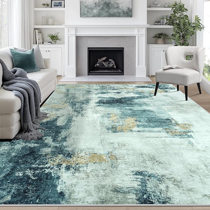 9x12 Area Rugs for Living Room Washable Bedroom Dining Room Teal Grey Gold | by Aelenmu