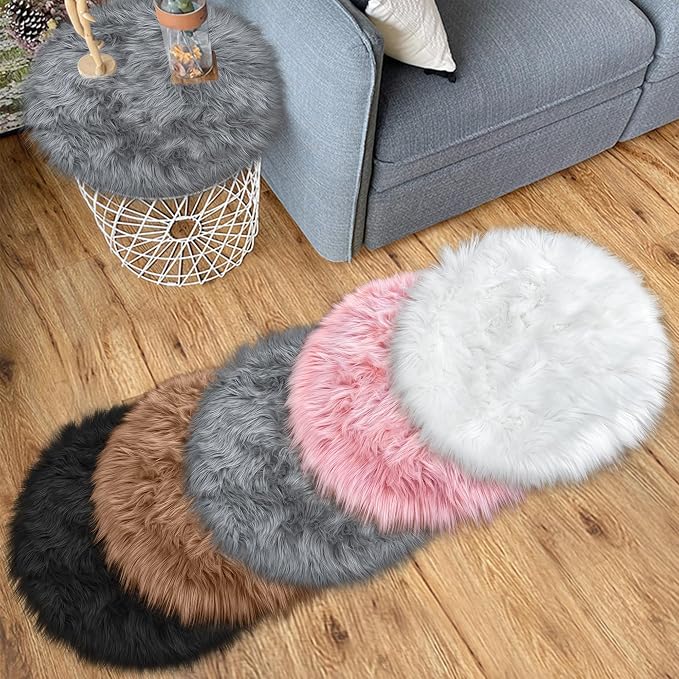 15.7 Inch Grey Mini Round Faux Fur Sheepskin Rugs Small Fluffy Circle Rug - Image 6