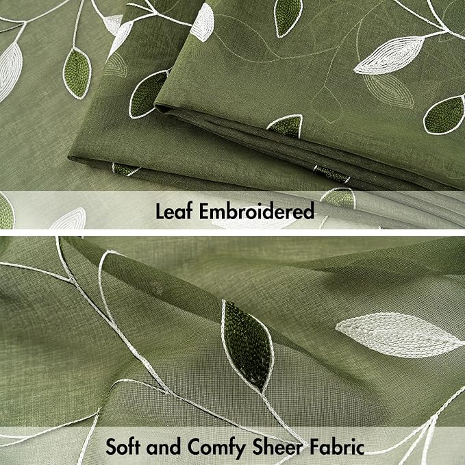 MIULEE Olive Green Sheer Curtains 2 Panels Leaf Patterned, W52 x L96 | - Image 4