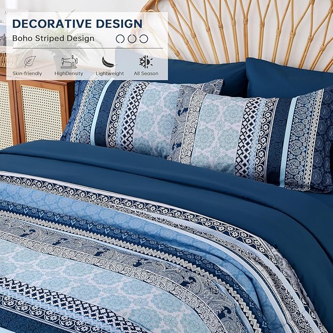 Boho Comforter Set Queen Size,8 Pieces Navy Blue Bohemian Striped Bed in a Bag,Paisley Soft Microfiber Bedding Comforter Set