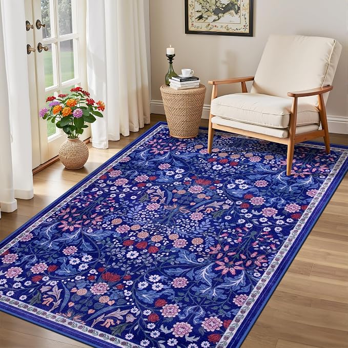 PLHXFR Area Rug Living Room: 3x5 Floral Washable Boho Soft Carpet Blue | - Image 4