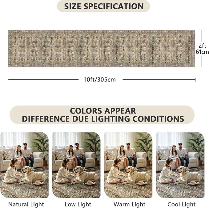 2x10 Hallway Runner Rug, Washable Vintage Retro Long Runner Rugs - Image 2