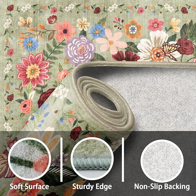 Floral Large Area Rug 10x14 for Living Room Bedroom | Low Pile; Non Slip; - Image 2