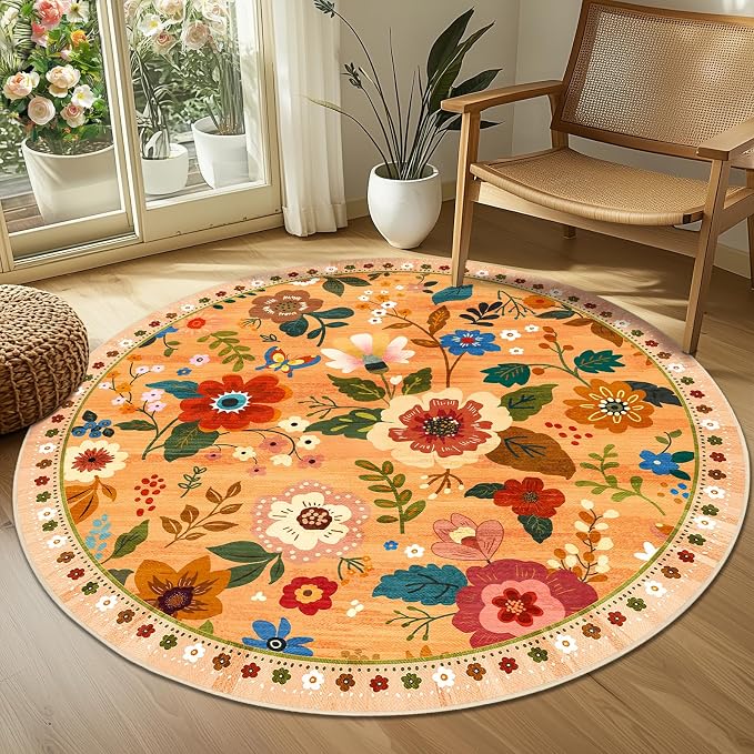 RELEANY Floral Washable Round 4ft Area Rug Yellow/Orange/Red | Flower Carpet - Image 3