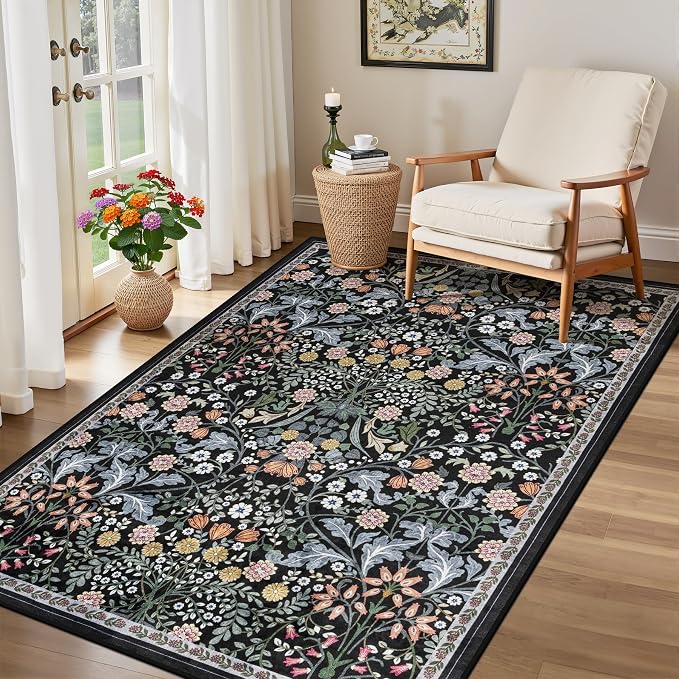 PLHXFR Area Rug Living Room: 3x5 Floral Washable Boho Carpet Dark Black | - Image 4