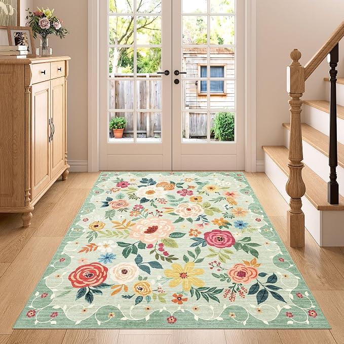 DUKINO 4x5 Area Rug for Entryway, Soft Floral Washable Rug Non Slip, by DUKINO