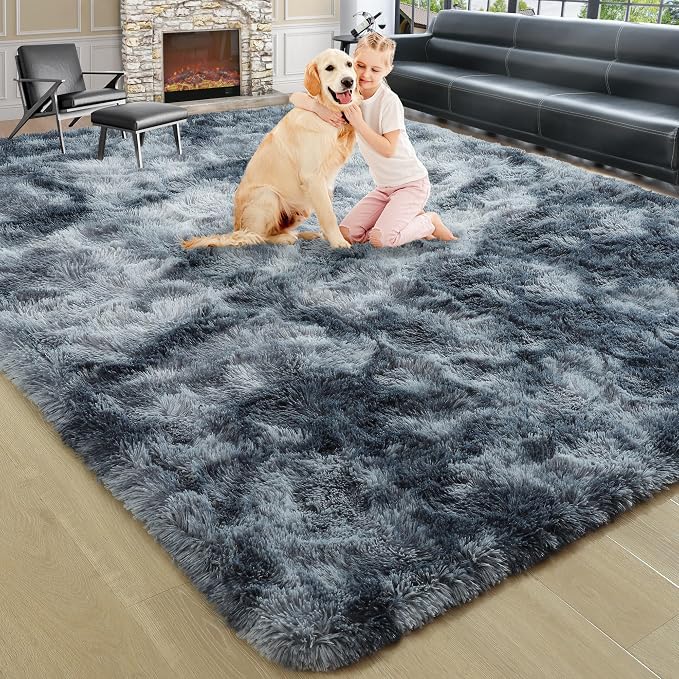 5x7 Tie-Dyed Blue and Grey Fluffy Soft Area Rug Non-Slip - Image 9