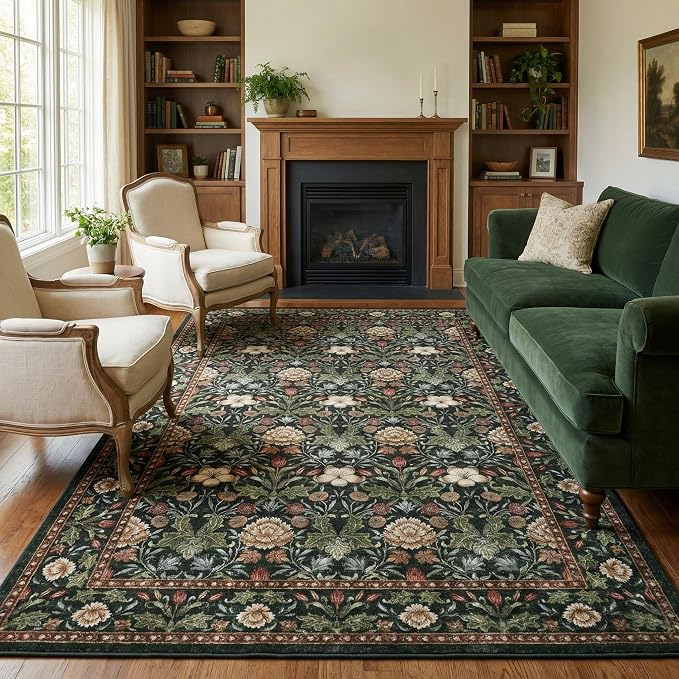 GarveeHome Green Washable Area Rug 5x7, Retro Floral Low Pile Non Slip Living - Image 9