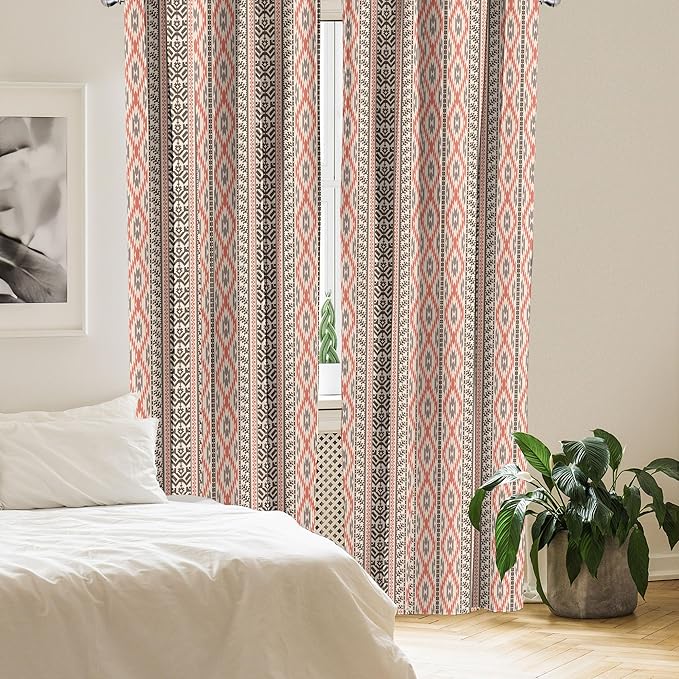 Ambesonne Southwestern Window Curtains, Traditional Vertical Borders Inspired by Prehistoric Art Ikat Style, Lightweight Decorative Panels Set of 2 with Rod Pocket, Pair of - 28" x 84", Brown Coral