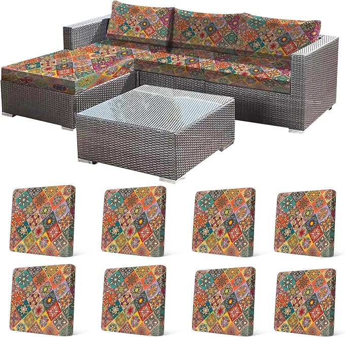 CALBODE 8Pcs Stretch Patio Cushion Cover, Bohemian Colored Geometric Pattern by CALBODE
