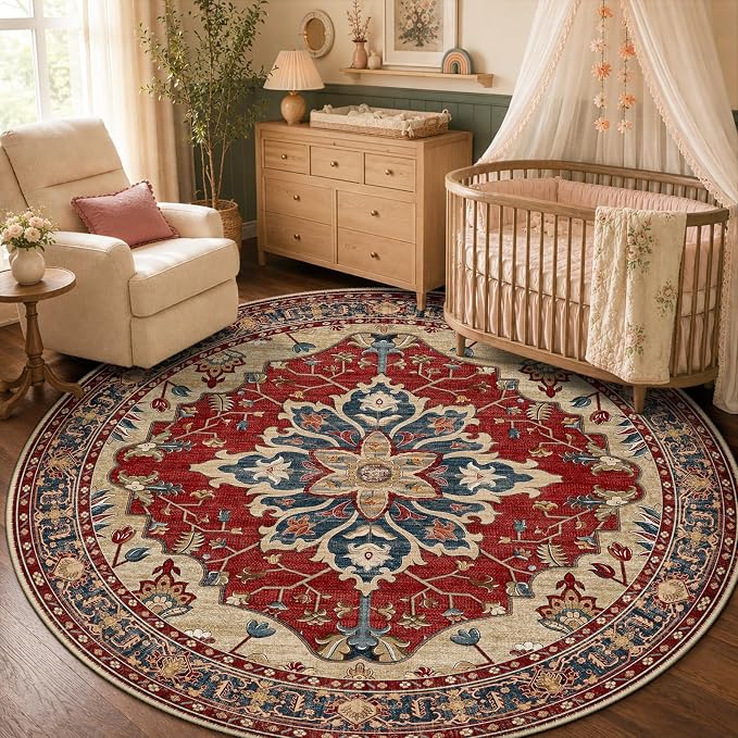 RELEANY Washable Area Rug, Round 5ft, Water Repellent, Pet Friendly, Vintage by RELEANY