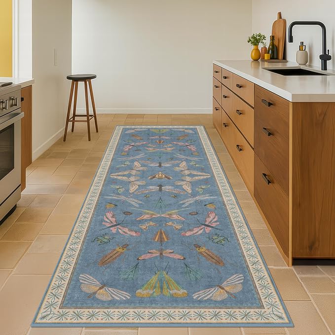Blue Boho Hallway Runner Rug 2x8, Washable Non Slip Rug - Image 3