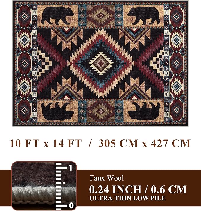 Rustic Cabin Area Rug 10x14, Lodge Wildlife Bear Washable Large Area Rug - Image 2