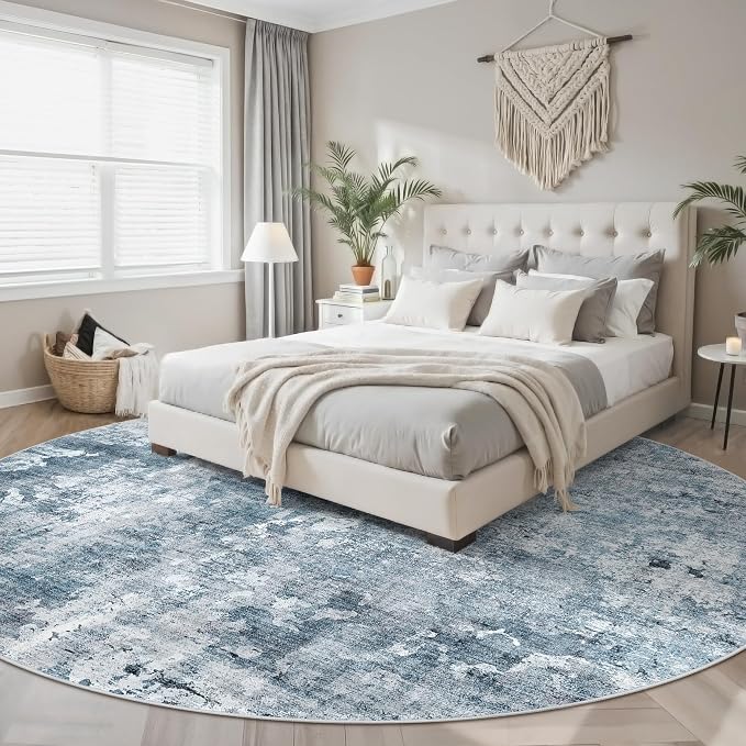 Soalmost Round Rugs 8ft Living Room Circle Area Rug 8x8 Blue/Grey Vintage | - Image 3