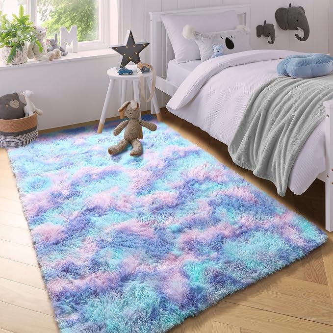 Adorable Rainbow Mermaid Rugs for Girls Bedroom Fluffy Purple Rug 3x5 Ft | - Image 9