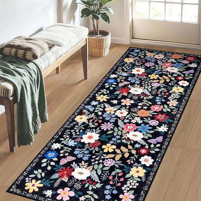 PLHXFR 2x5 Washable Runner Rug：Floral Indoor Kitchen Soft Carpet Black | - Image 3