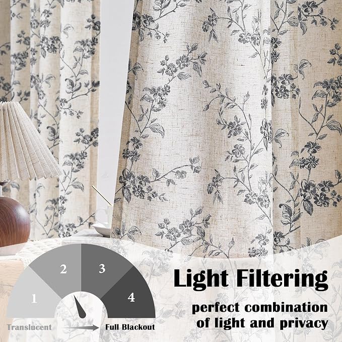 Black Vintage Floral Linen Curtains Farmhouse 50W X 90L 2 Panels | Elisa Series - Image 4