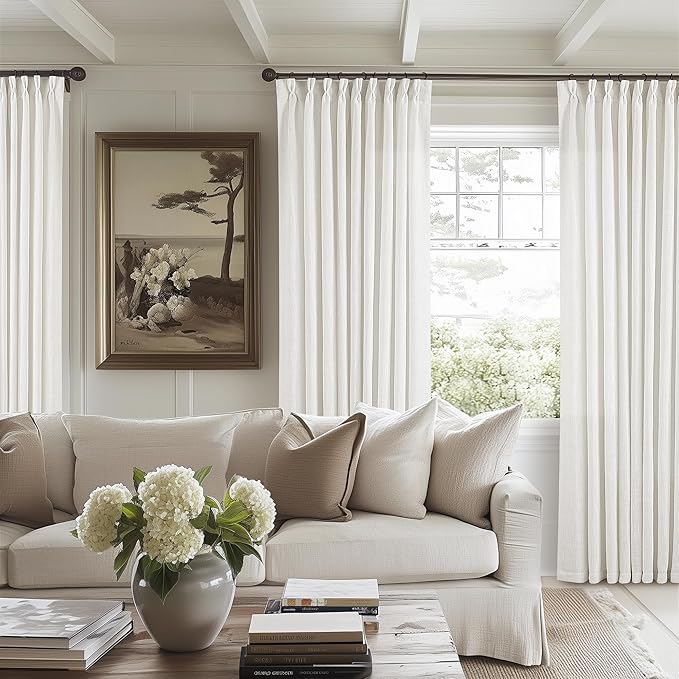 Beige White Pinch Pleated Linen 96 Inch Curtains 60 Inch Width | Linen Blend - Image 8