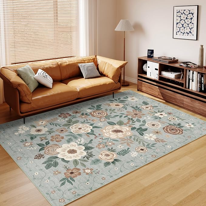 DUKINO 8x10 Area Rugs, Floral Washable Living Room Rug Non Slip, Sage Green | - Image 8