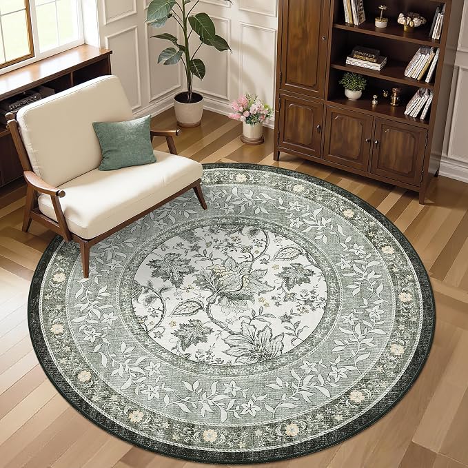 GarveeHome Provence Fog Gray Botanical Grove 4ft Round Rug, Small Circle by GarveeHome