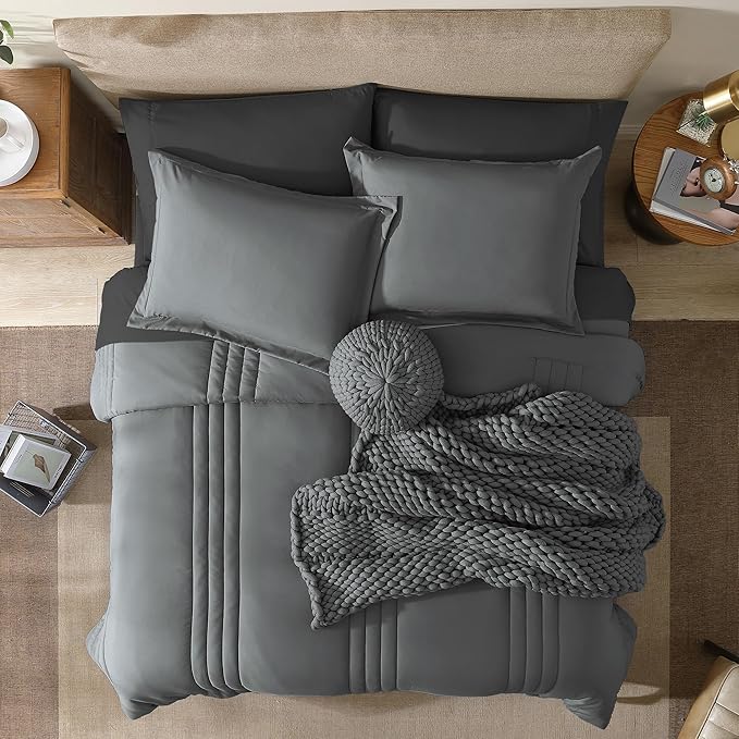 Monbix Queen Comforter Set - 7 Pieces Grey Bed in a Bag Queen Bedding Sets with Comforters, All Seasons Down Alternative Comforter Bed Set with Sheets,Pillowcases & Shams