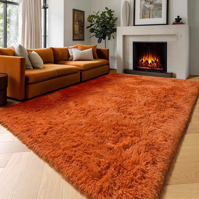 Amdrebio Burnt Orange Shag Furry Area Rug 5x8 - Image 5