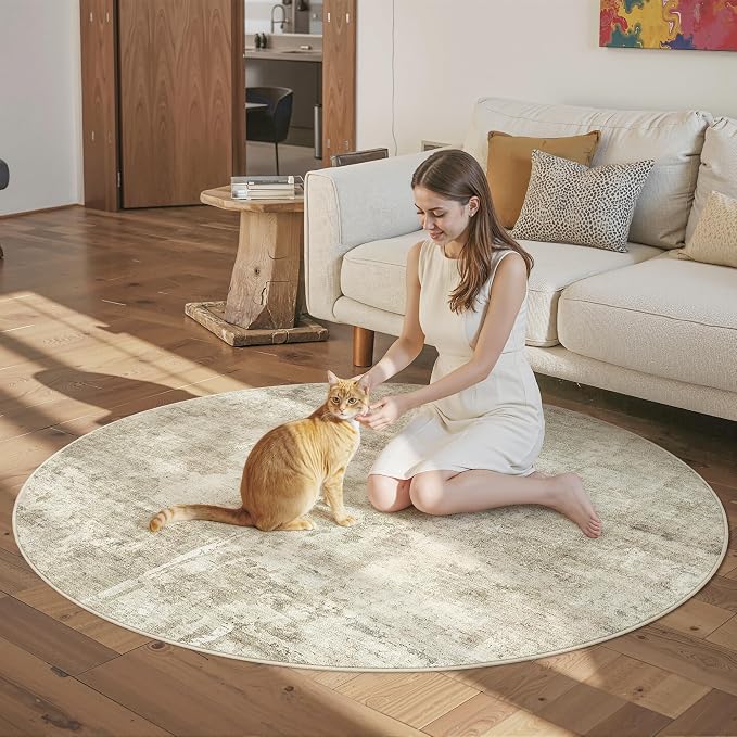 Soalmost Abstract 5x5 Round Rug 5ft Circle Living Room Rugs, Low Pile Stain - Image 3