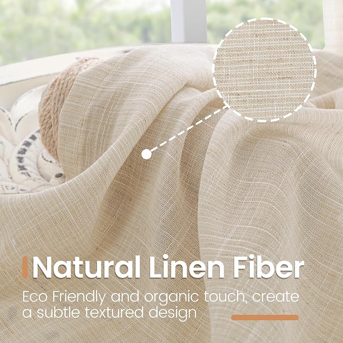 BGment Tan Linen Curtains 45 Inch Length 2 Panels, Burlap Semi Sheer Drapes | - Image 3
