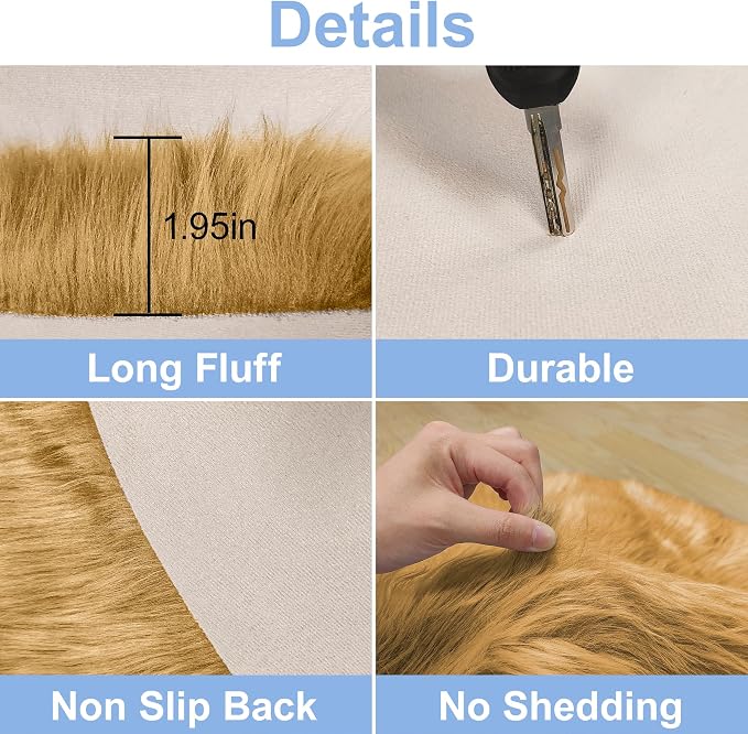 15.7 Inches Mini Khaki Round Faux Fur Sheepskin Area Rug, Fluffy Small Circle - Image 4